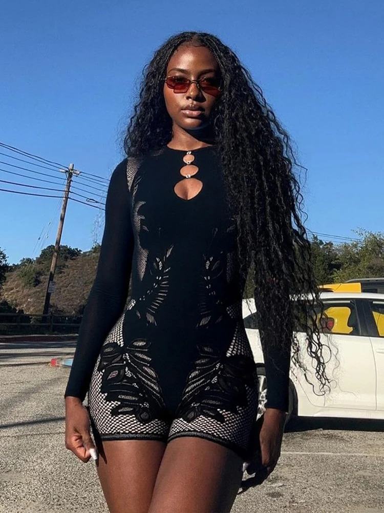 Weird Puss Hollow Rhinestone женский сексуальный комбинезон кокетка Hottie Trend облегающий полуночный клубный вечерние эластичный комбинезон с длинными рукавами