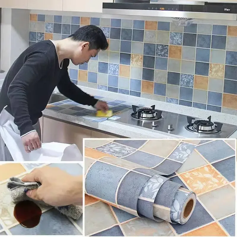 

Self-adhesive Kitchen Oilproof Wallpaper Roll Toilet Bathroom Decoration Living Room Waterproof Tiles Sticker PVC Wall Stickers.