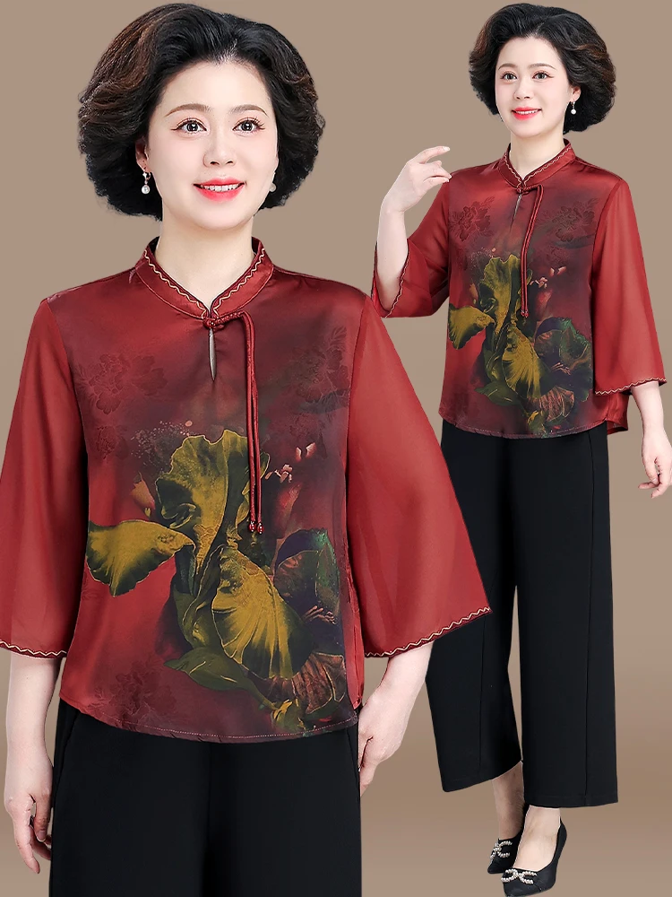 

Новинка 2025: Осенний модный комплект для мам на свадьбу – шифоновый топ в традиционном китайском стиле для женщин среднего и старшего возраста