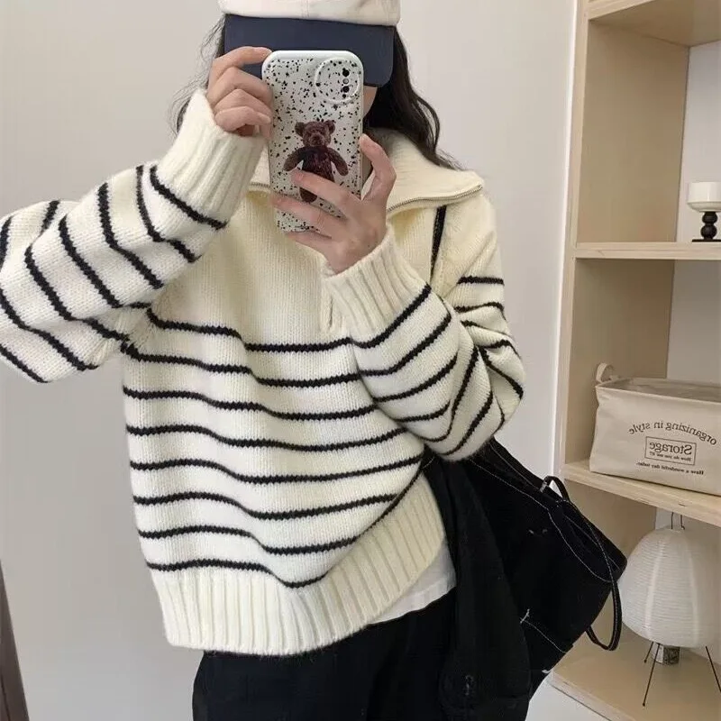 

Loose Women's Polo Neck Sweater Korean Style Striped Oversize Pullover Knitwear Trendy Half Zipper Flip Collar Top