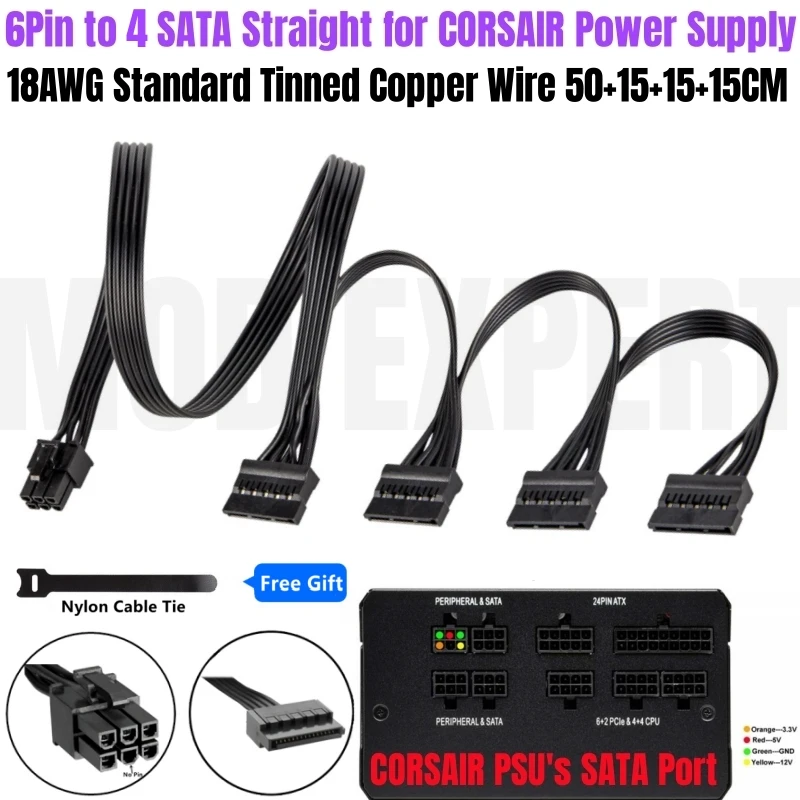 6Pin to 4 SATA Straight SSD HDD Power Supply Cable 18AWG for CORSAIR CX430 CX450 CX500 CX600 CX650 CX750 Modular Power Supply