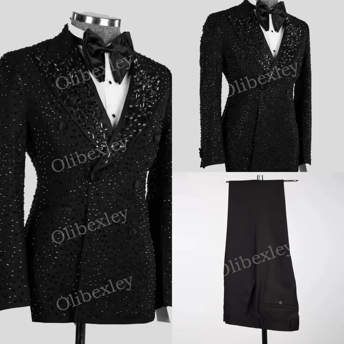 

Fashion Black Suits For Men 2 Piece High Quality Customized Tuxedos Golden Beads High Quality Formal Business wedding Groom