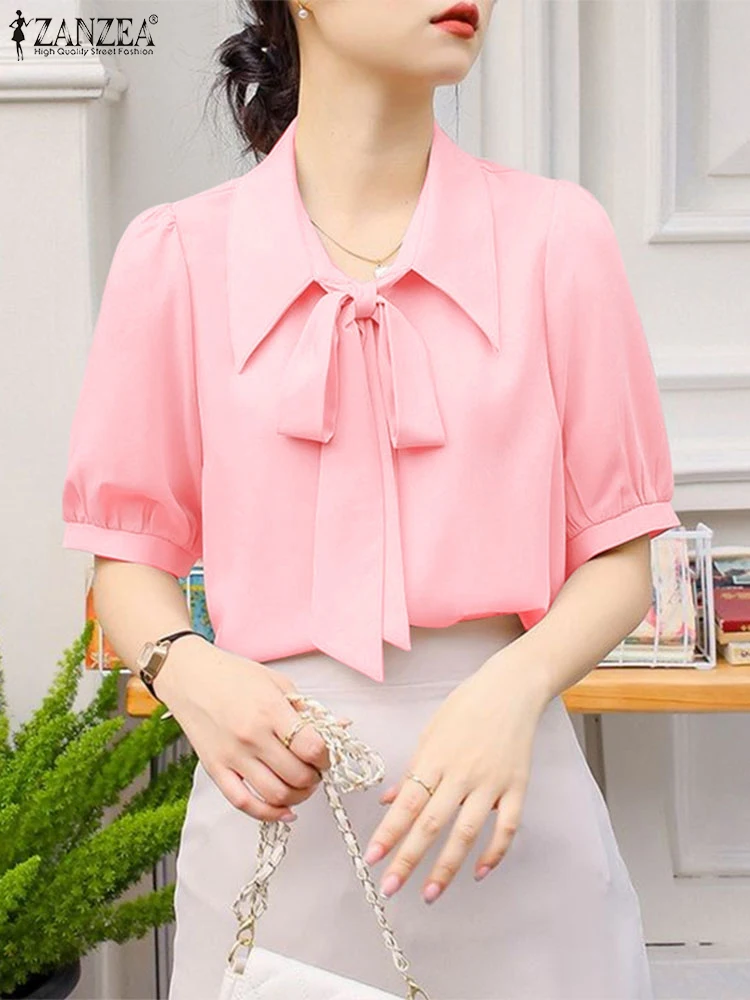 

ZANZEA Summer Office Women Blouses Elegant Short Sleeve Bow Tie Shirt Stylish Solid Work OL Tops Casual Lapel Neck Blusas Tunic