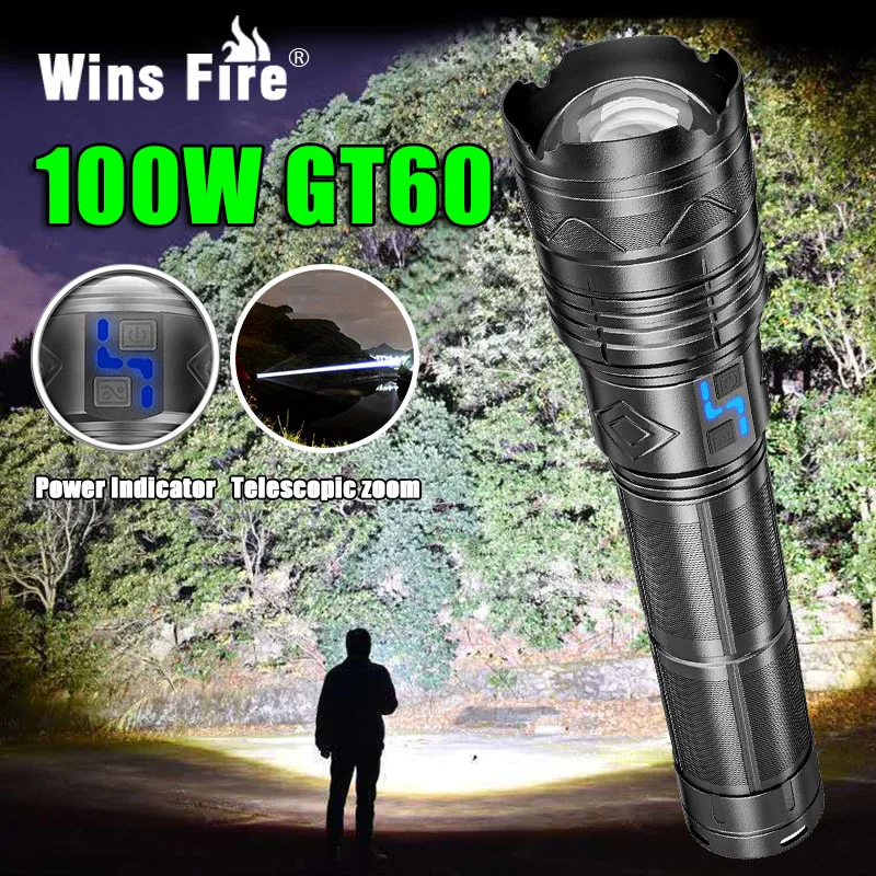 

20000LM Super Bright Tactical Flashlight 100W GT60 Long Range Powerful LED Torch USB Rechargeable Using 4 181350A Batteries