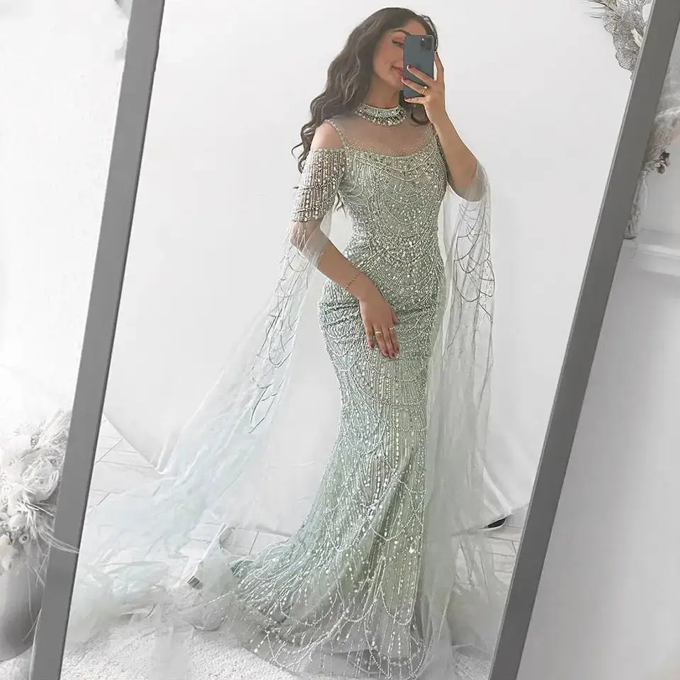 

Customized Sage Green Mermaid Luxury Dubai Evening Dress with Cape Sleeves Elegant Women Wedding Formal Party Gown