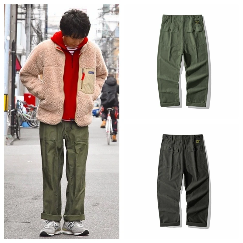 

Vintage Military Casual Pants Men's Loose Thick Straight Leg Long Trousers Retro Style Cotton Bread Pants mid Waist