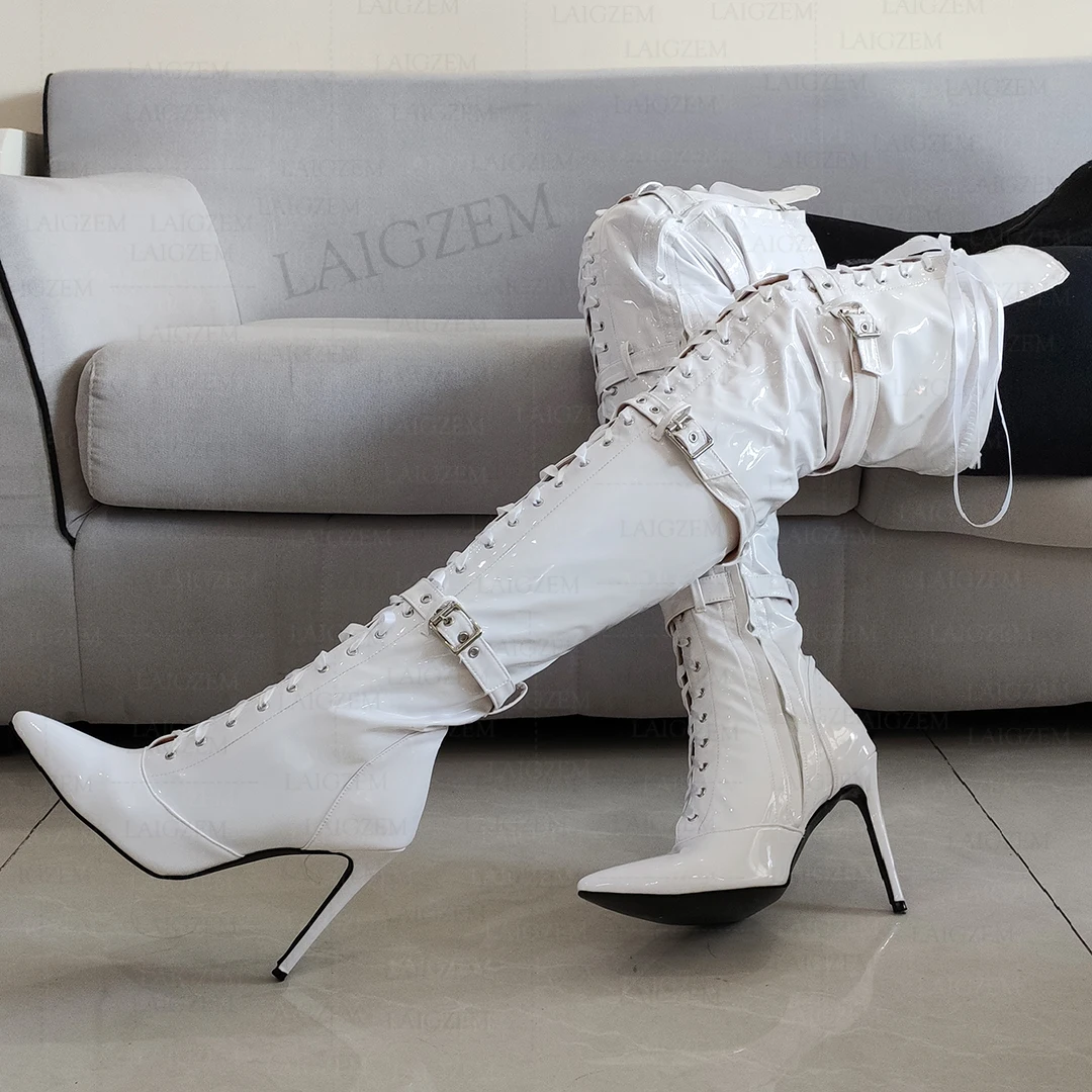 

DOHBANER Women Thigh High Boots Side Zip Wide Thigh Friendly Shiny High Heels Over Knee Boots Shoes Woman Big Size 38 42 45 47