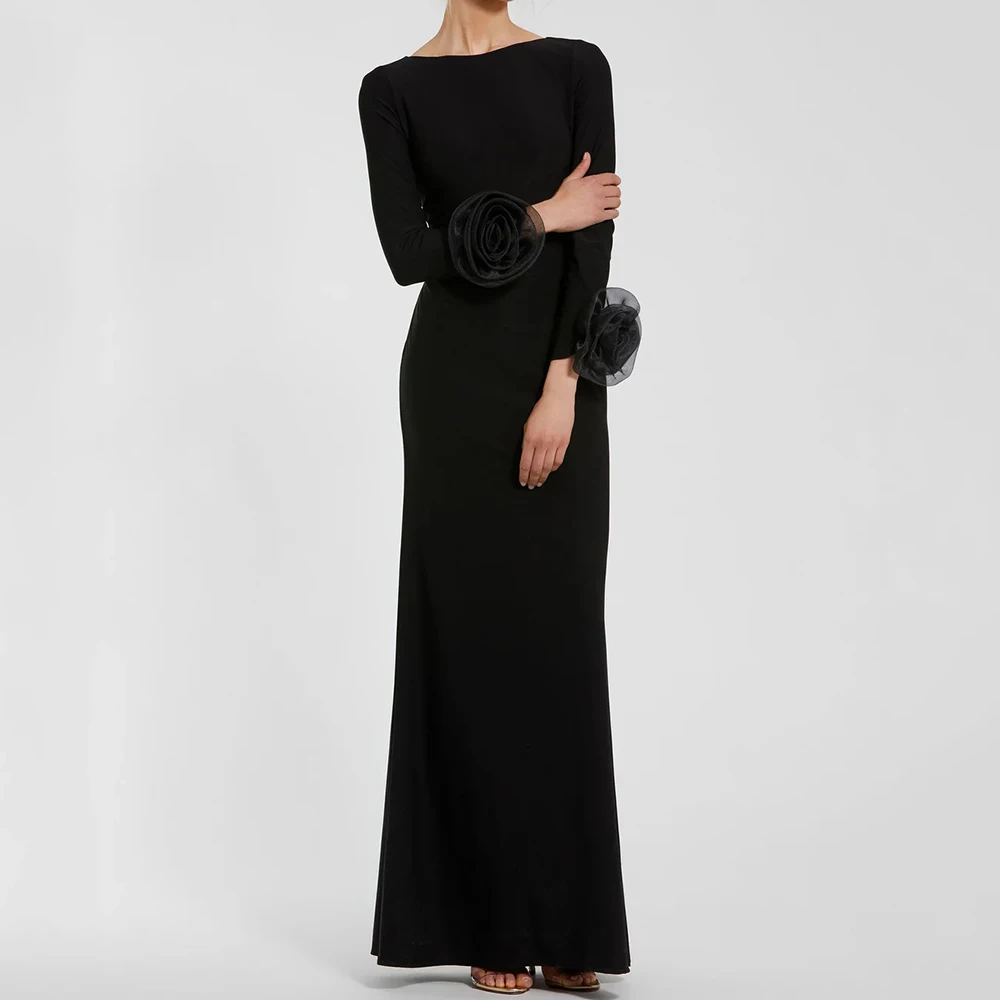 

Customized Black A-line Evening Dresses Ankle-length Boat Neck Full Sleeve Prom Gown Fashion Flowers Simple Draped Party Gown