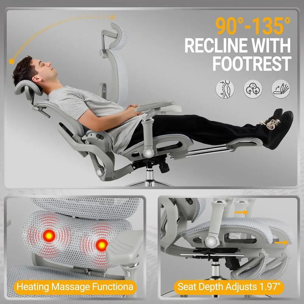 كرسي مكتب تنفيذي مريح عالي الظهر مع مساند للذراعين 6D، تدليك ساخن، دعم قطني، ميزات قابلة للتعديل (رمادي) #5