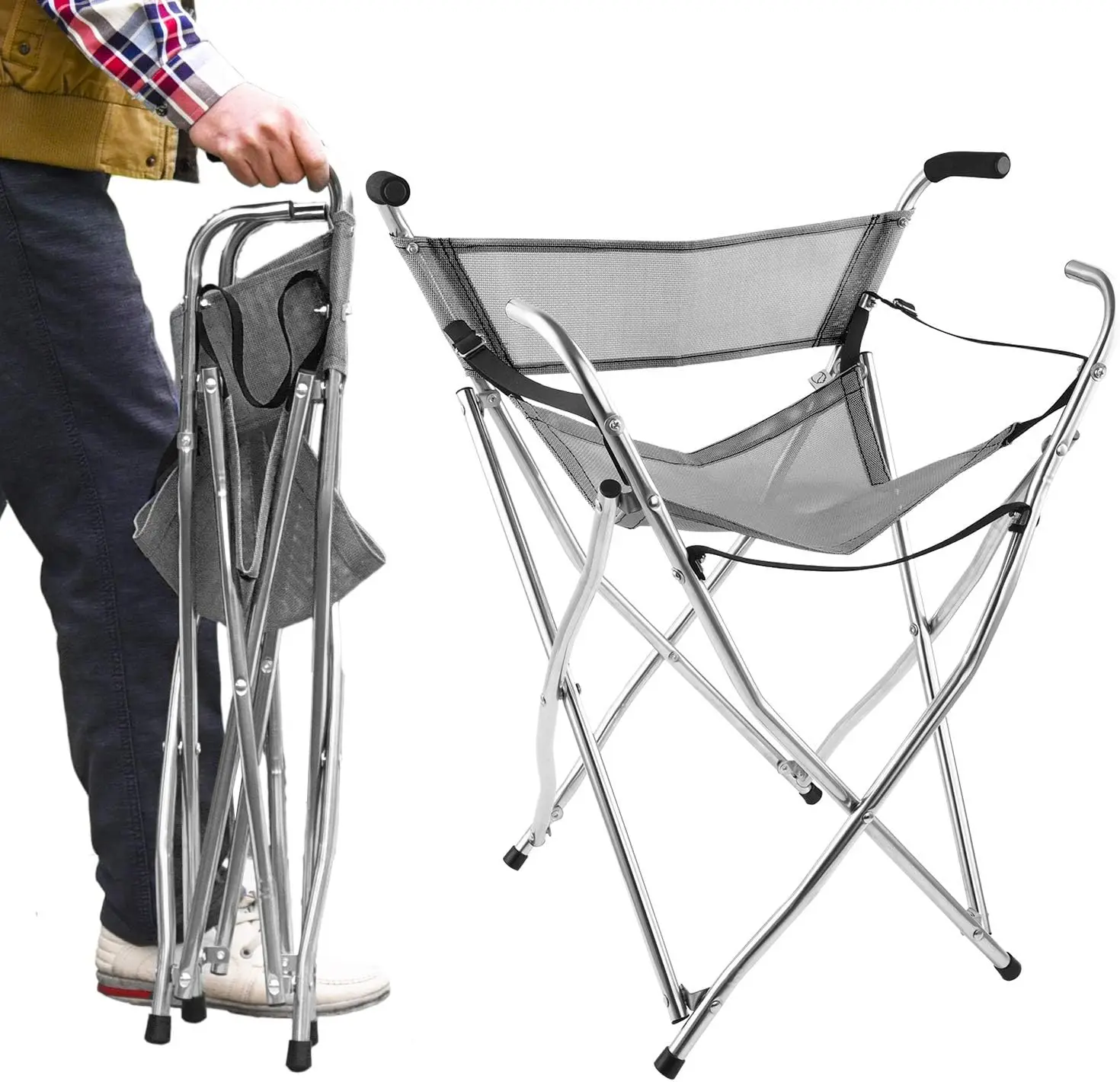

Folding Walking Stick Chair Seat - Portable Camping Stool Heavy Duty for Seniors (L Size Grey)