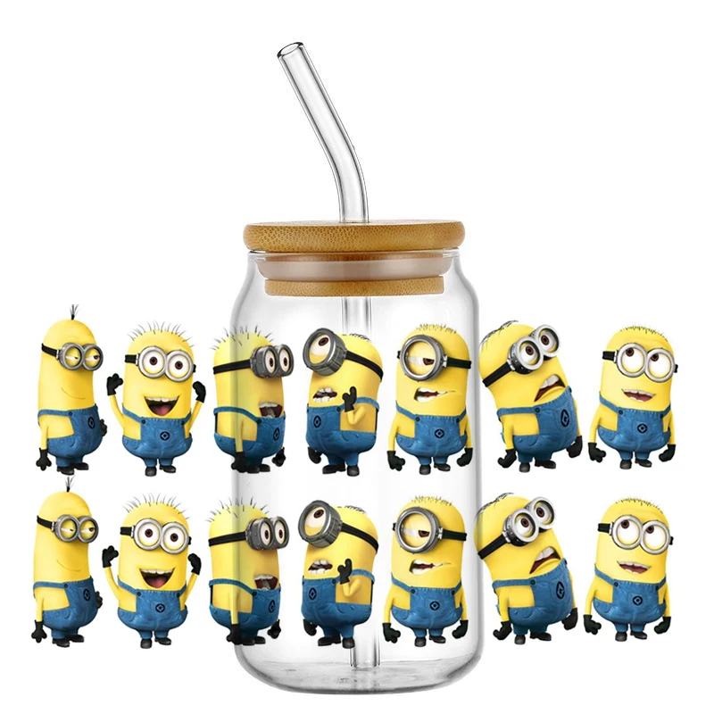 Miniso New 3D Minions Animated Cartoon Series per Libbey 16oz UV DTF Can Glass Waterproof Coffee Mug Can UVDTF Wrap all\'ingrosso