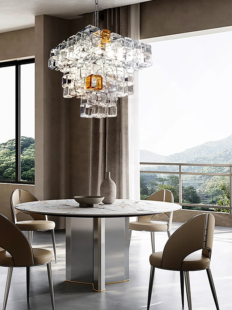 Clear Ice Cube Glass Ceiling Chandeliers LED Modern Design Lighting Restaurant High-end Home Hanging Lamp for Dining Room Lustre