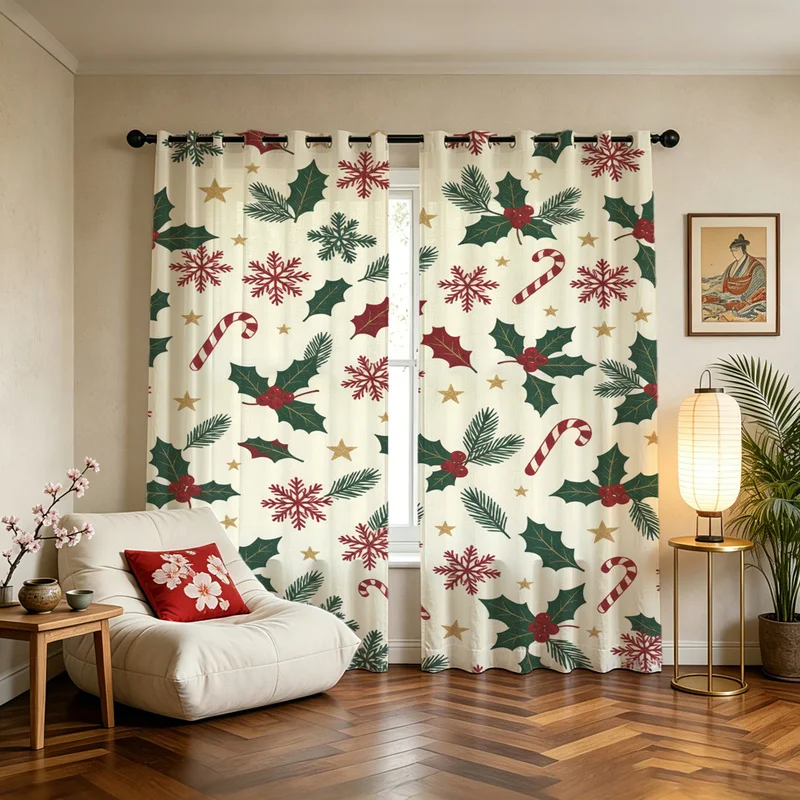2Pcs Christmas Microfiber Curtain Set,Easy to install,Durable,Easy Hanging,Multi-sizes,Cartoon Cute Snowflake Candy Cane Print