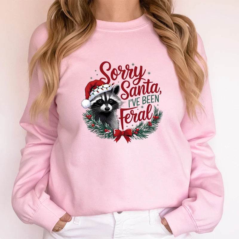 Funny Santa Raccoon Lover Gift Christmas Sweatshirts Women Retro Raccoon Feral Girl Sweater Sorry Santa I've Been Feral Hoodie