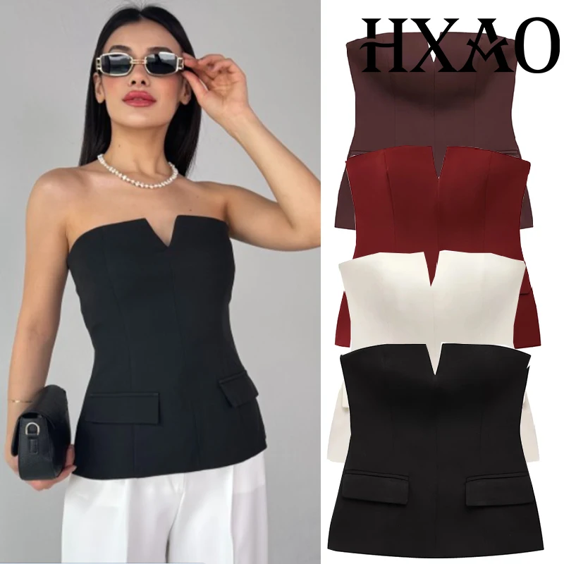 HXAO المرأة مشد صديرية دائرية حمالة المحاصيل الأعلى أنثى قبالة الكتف مثير تانك القمم للمرأة عارية الذراعين أسود أبيض قطع علوية للحفلات