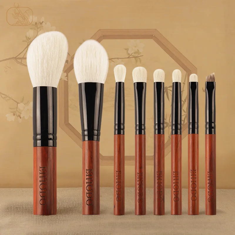 EIHODO Makeup Brush-Luxury Red sandalwood Natural Hair Portable Short Handle 8Pcs Brushes set-Foundation Eyeshadow Powder