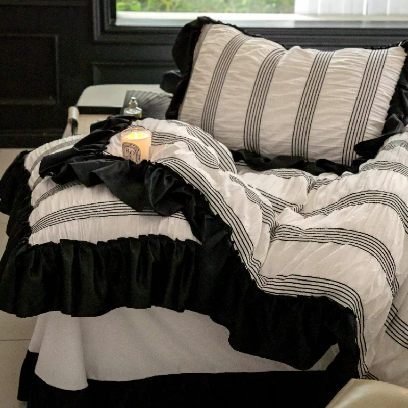 French Style Bedroom Retro Style All Cotton Washed Cotton 4-piece Set Romantic Lotus Leaf Lace Duvet Cover Pure Cotton Bedding