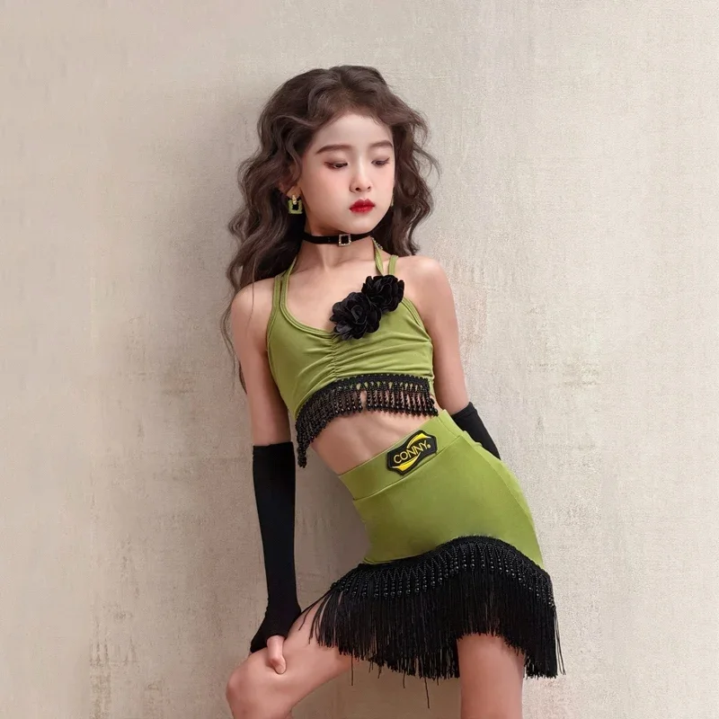 

New Girls Latin Dance Split Set Green Tassels Skirt Kid Dancing Performance Dress Practice Costume Kids Competition Wear
