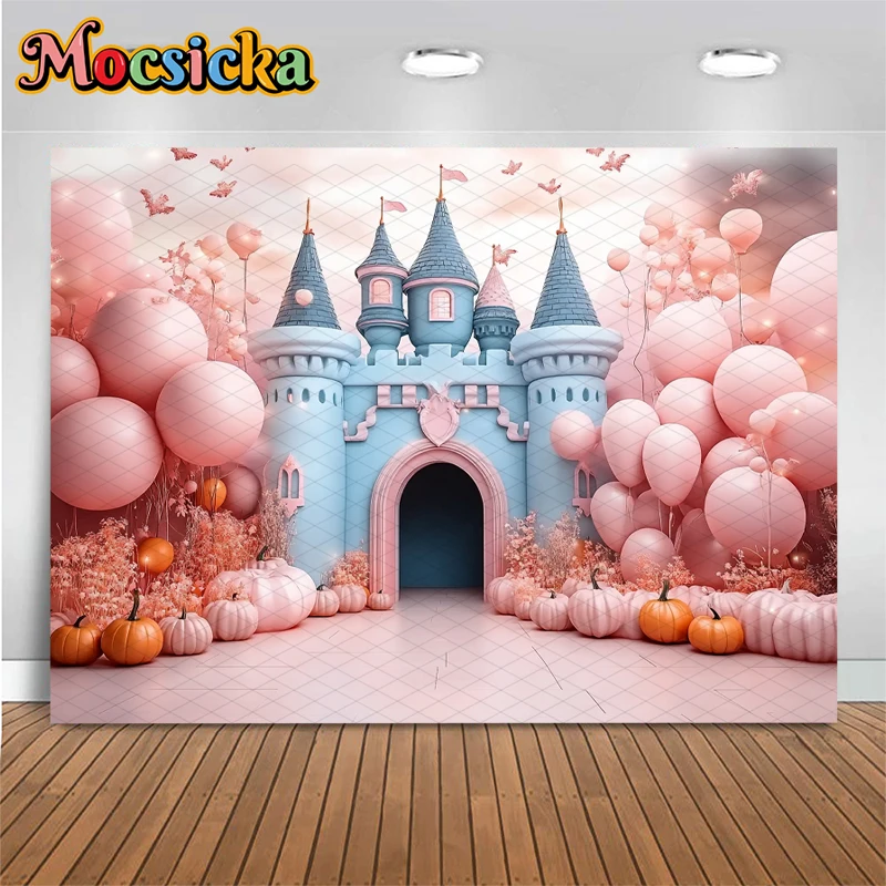 Mocsicka Halloween Fotografi Latar Belakang Balon Merah Muda Kastil Labu Dekorasi Pesta Baby Shower Anak Laki-laki Anak Perempuan Foto Latar Belakang Wallpaper
