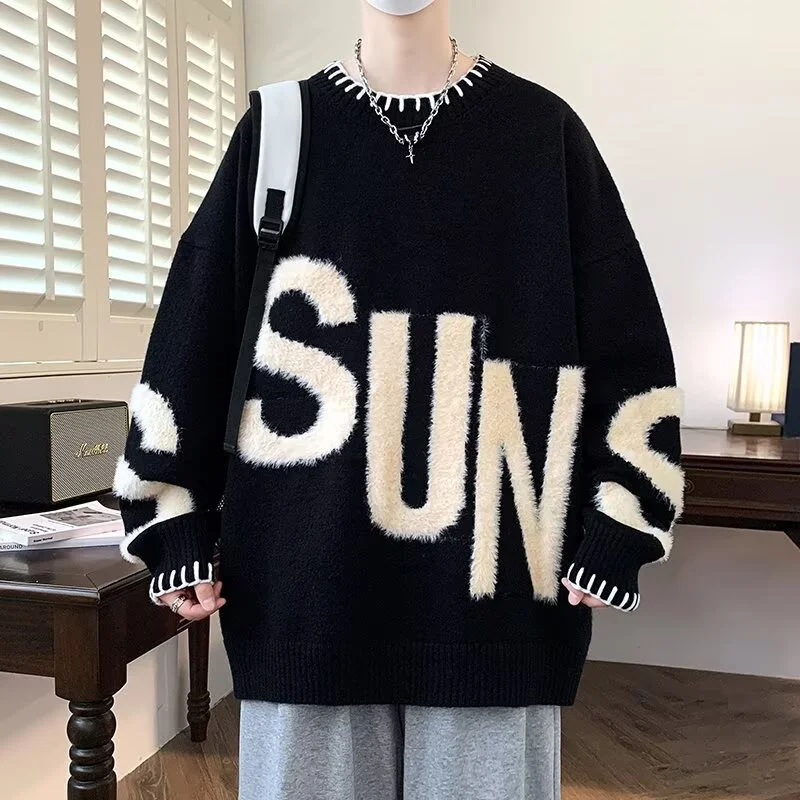 

Winter Harajuku Letter Jacquard Sweater Male Hip Hop Fashion Streetwear O-Neck Knitted Jersey New Retro Y2K Knitwear Pullovers