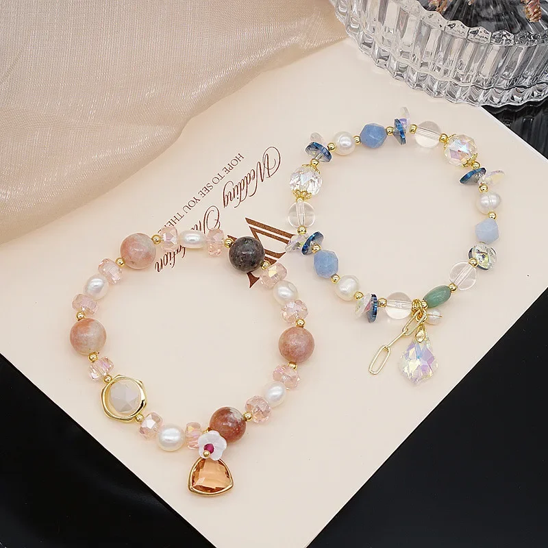 

Raw ore jade pink crystal bracelet Aquamarine freshwater pearl bangle string adjustable elastic bracelet women girl gift beads