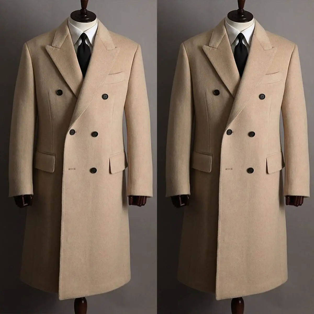

Champagne England Style Men's Woolen Overcoat with Peaked Lapel Warm Business Blazer for Formal Wedding Casual Wear