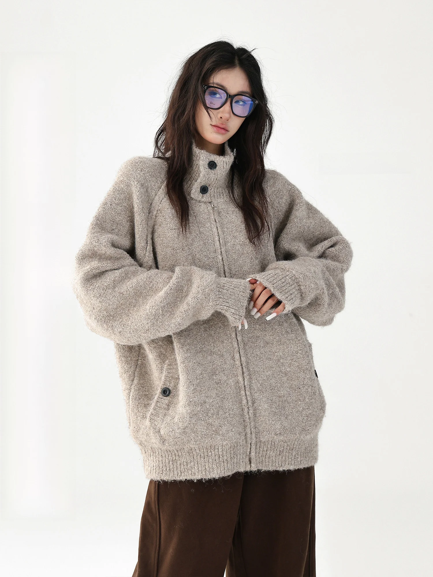 

AceStudios Wool Blend Thiened Stand Collar Knitwear Coat Women's High-End Vintage Loose Zipper Open Cardigan Long Sve