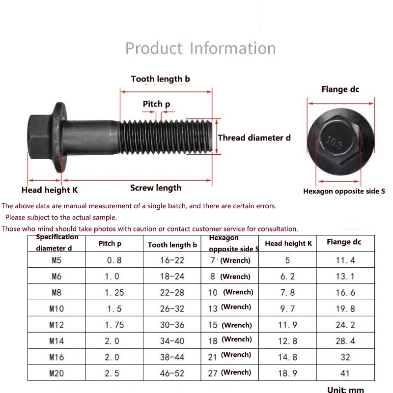 Weiyi Güteklasse 10.9 GB5787 Flansch-Sechskantschraube mit Unterlegscheibe aus legiertem Stahl, Sechskantbolzen M6 M8 M10 M12 M14 M16, Gewindelänge 12-120mm – Detail 2