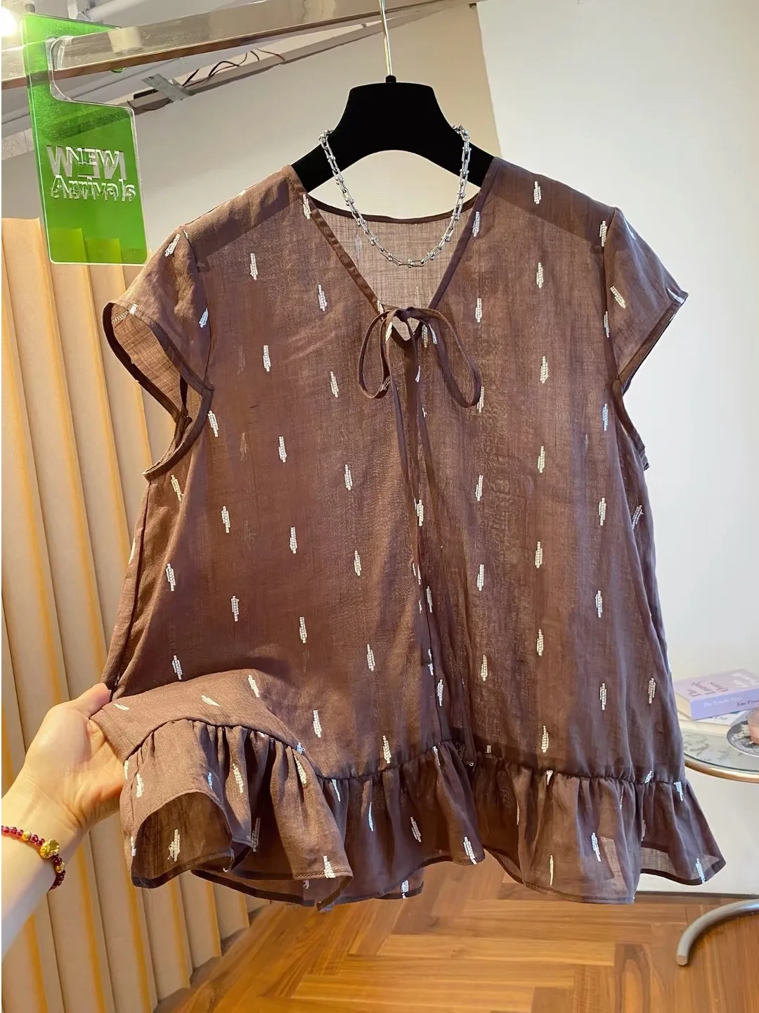 

Retro Polka Dot Print Short Sleeve Shirt Women's Summer 2026 Loose V-Neck Tie Blouse Floral Top Breathable Comfortable