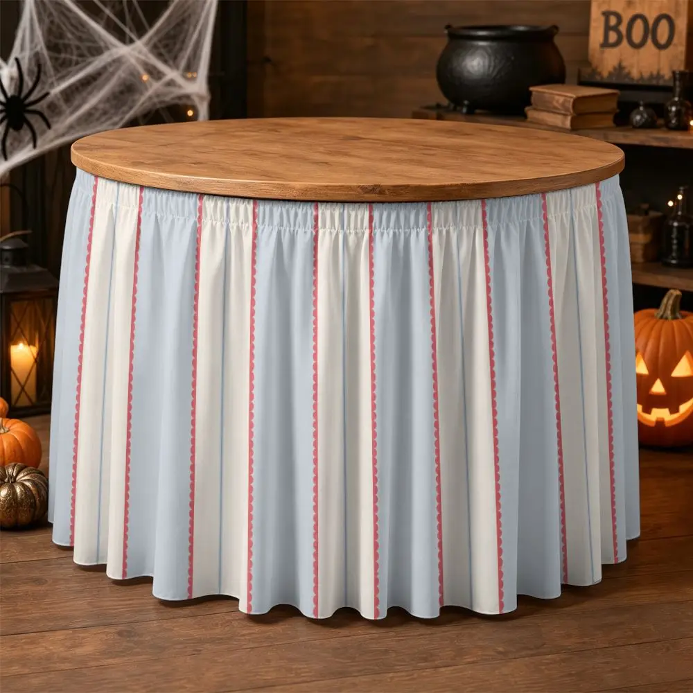1 table skirt, 2D printed light blue and white pink vertical stripes, suitable for home decoration and holiday decoration