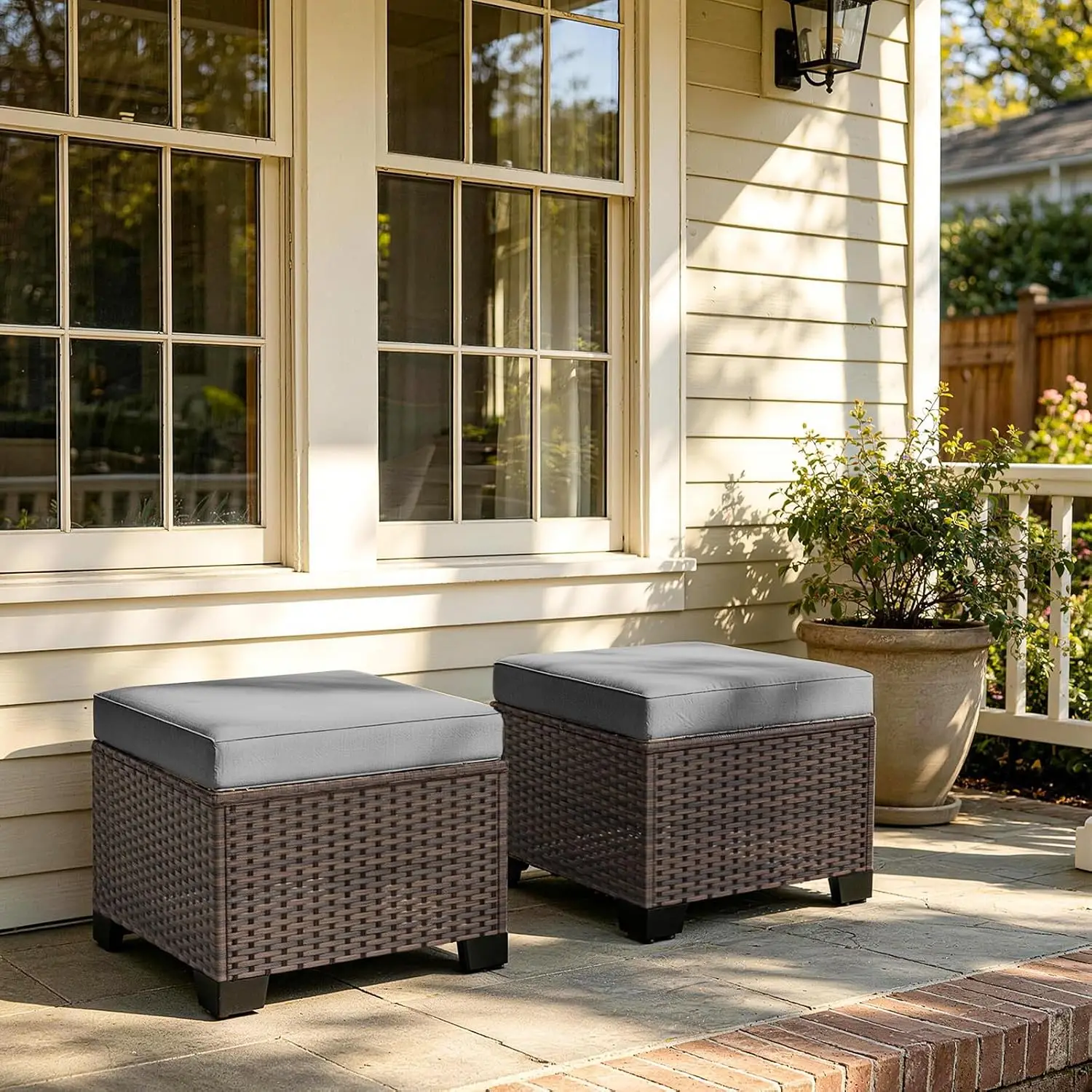 2pc Wicker Ottoman All Weather Rattan Outdoor Footstool Removable Cushion Patio Balcony Furniture Grey, Customized