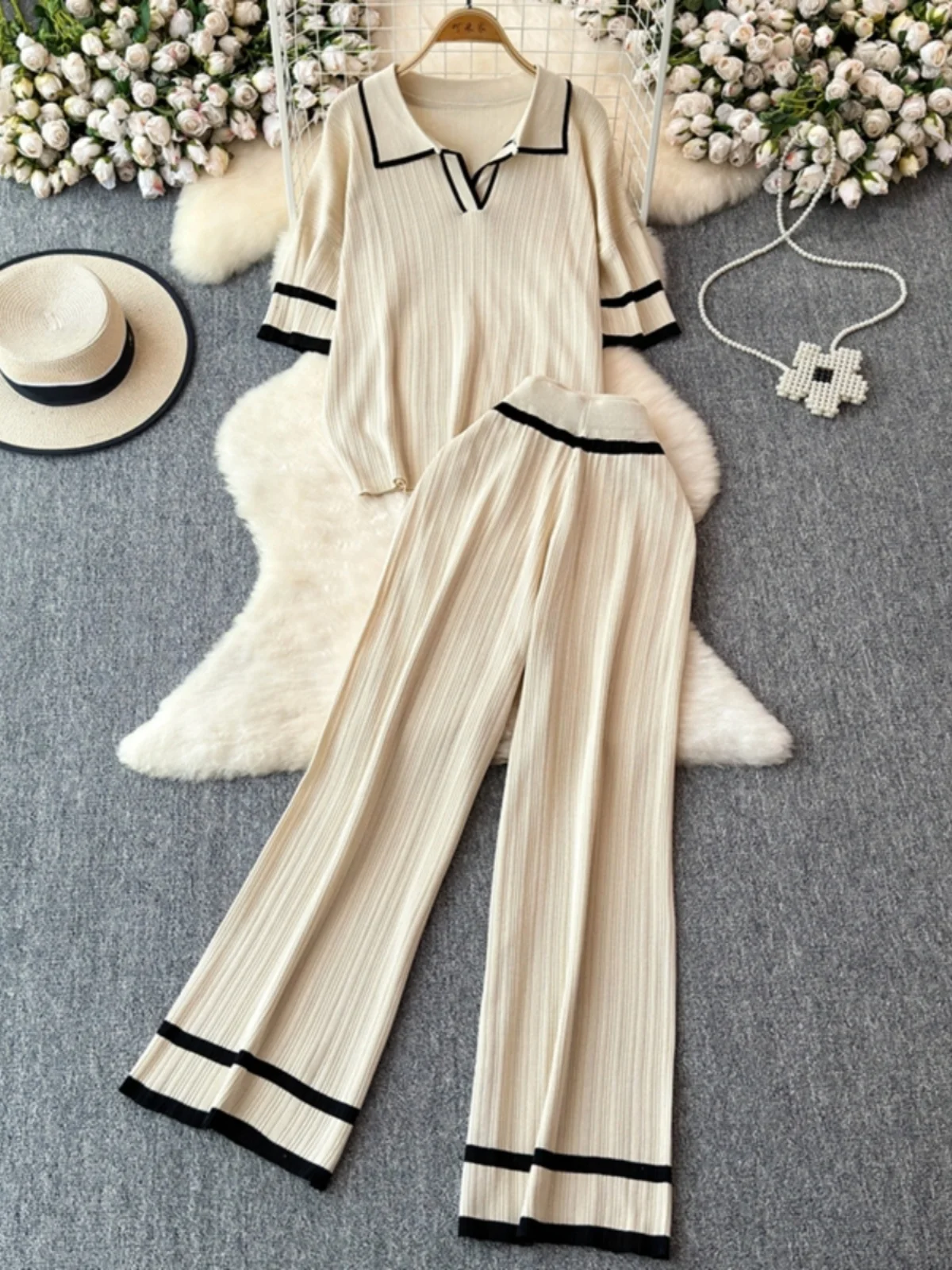 Summer Autumn Knitting Sweater Pants Suits Women Wide Leg Pants Two-piece Set