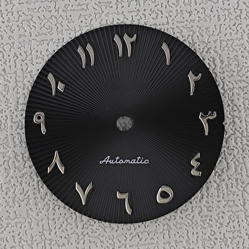 28,5 mm Zifferblatt mit Zeigern, arabischen Ziffern, radiale Textur, passend für NH35 NH36 Zifferblätter, Automatikwerk