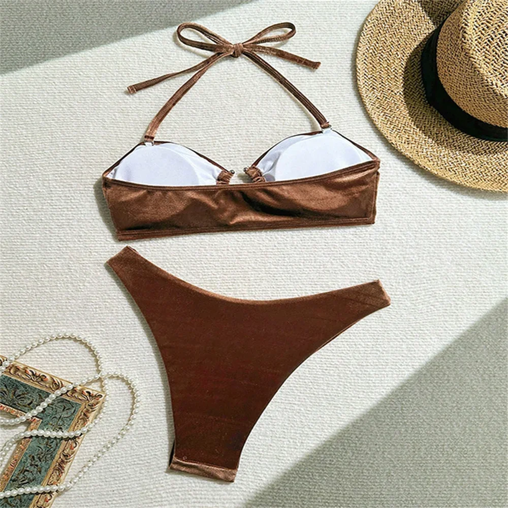 Costume da bagno bikini vintage in velluto marrone a fascia con anello Halter Backless Vacanza Costumi da bagno Donna Costume da bagno Beach Outfit Bikini Set