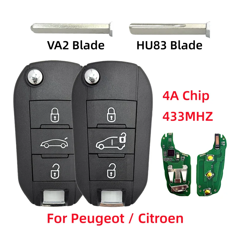 

Сменный выкидной ключ-брелок с 3 кнопками, 433 МГц, чип 4A, VA2/HU83 для Peugeot 308, 3008, 4008, Citroen Aircross, C3, C4, C5, C6