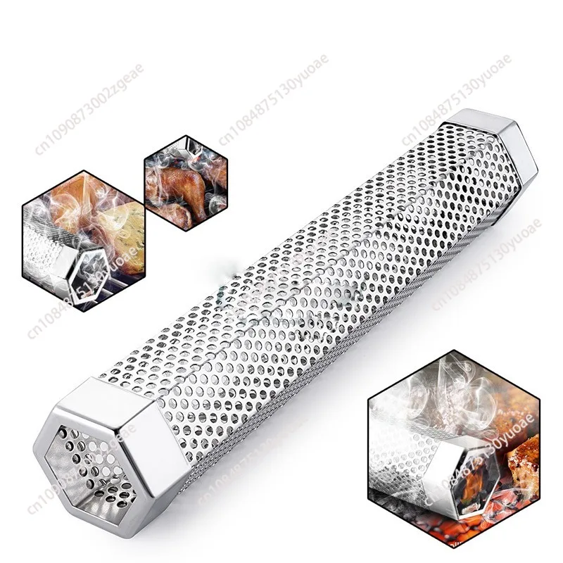 6/12 inch BBQ Stainless Steel Smoker Grill Tube Perforated Mesh Filter Gadget Pellet Smoking Generator Hexagon Spice Smoked Box