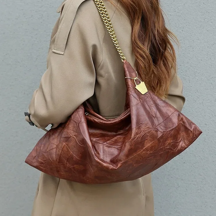 Fashion Folds Women Shoulder Bags Big Capacity PU Leather Female Hobos Handbag Casual Commuter Chain Ladies Armpit Bag Totes