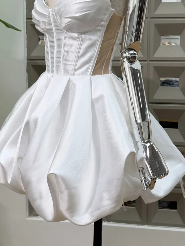 DFDG Vestido con corsé de algodón satinado elegante Pure Desire para primavera y verano 2025, vestido con tirantes finos con volantes y cintura atada