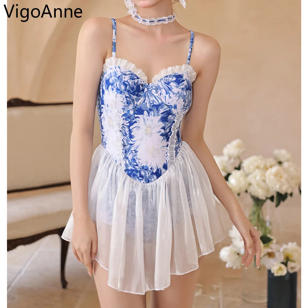 VigoAnne Mesh Strapped Dress Swimwear Women 2024 Sexy Print Verge Push UP One Piece Swimsuit Korean Monokini Summer Bathing Suit