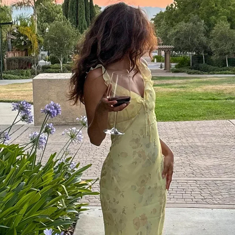 

Miyake Summer Floral Print Slim Fit Long Skirt Clothing Sexy Backless Fairy Tale Sun Dress Vacation Beach Clothes Sexy Dress