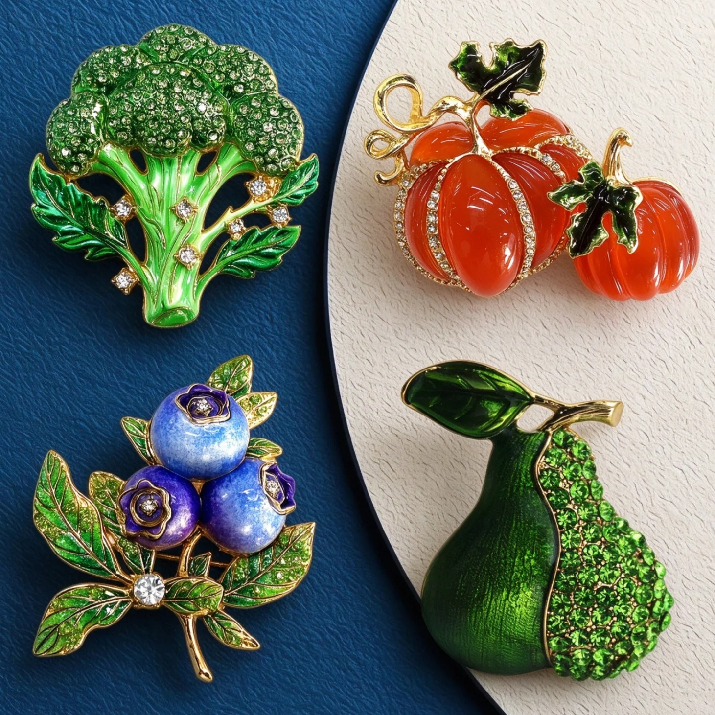 Essh&Pule Vintage Cute Fruit Vegetable Brooches Enamel Rhinestone Broccoli Pumpkin Blueberry Lapel Pin for Women Coat Suit Gifts