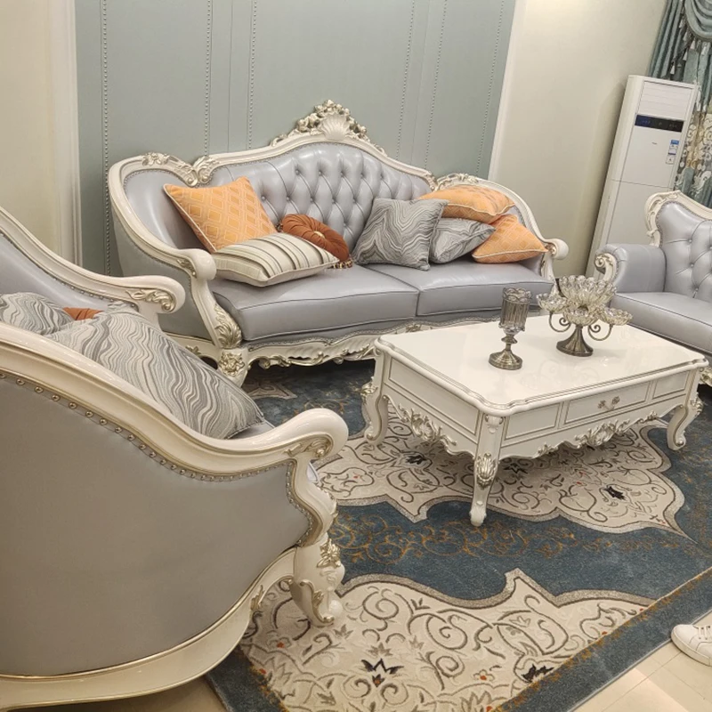 European leather sofa 123 combination living room neoclassical luxury solid wood carved pearl white sofa villa furniture