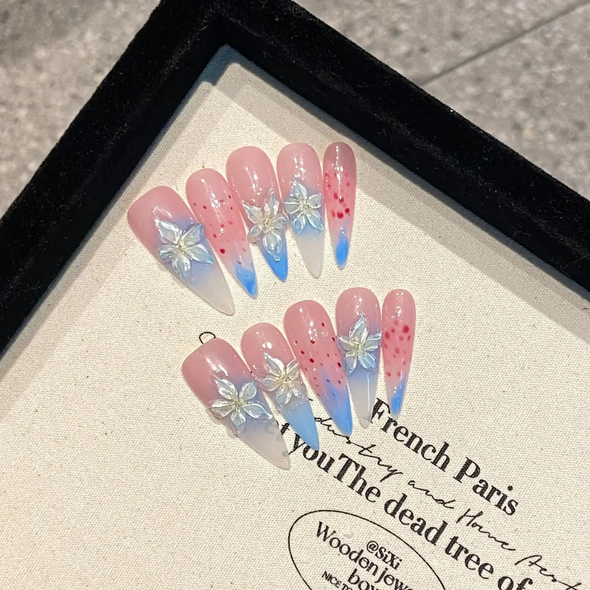 10Pcs Long Almond Handmade Press on Nails Pink Fake Nails with Flower Decoration Wearable Stick-on Nails False Nail Uñas 네일팁