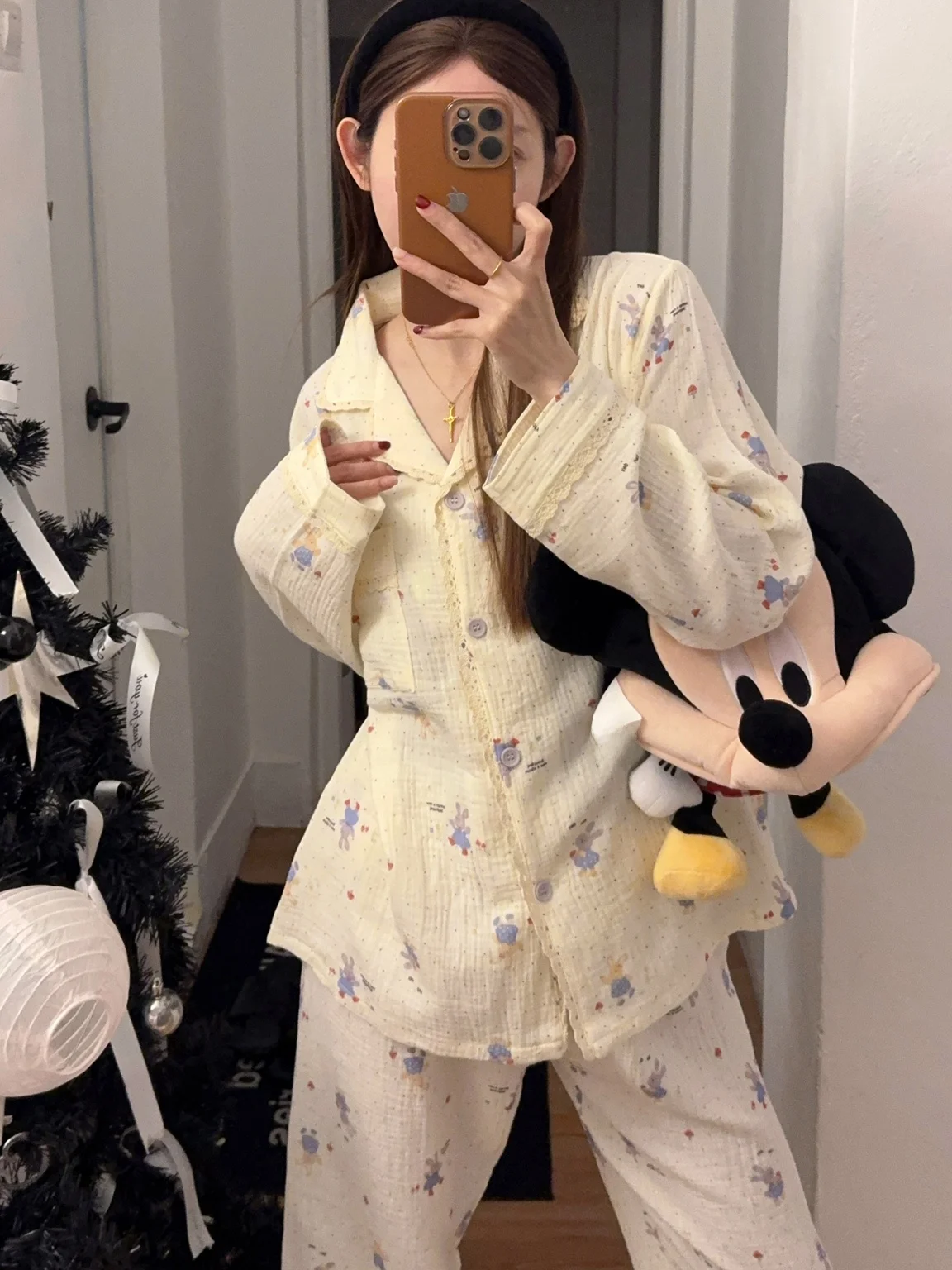 

Весенняя новинка: Комплект пижамы с мультяшным кроликом для девочек, хлопковая марлевая домашняя одежда с длинным рукавом, удобная и дышащая