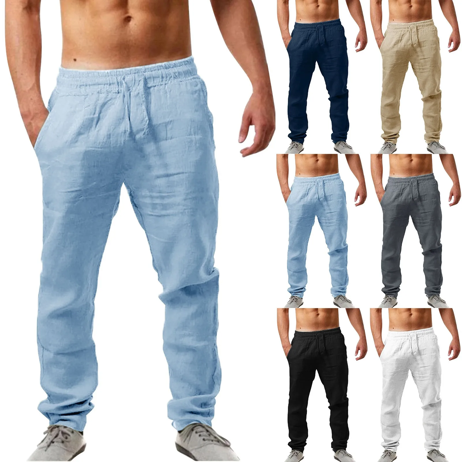 

New Men's Hip Hop Breathable Cotton Linen Casual Sports Pants High Waist Lace Up Fashion Pants Solid Color Comfortable Pants