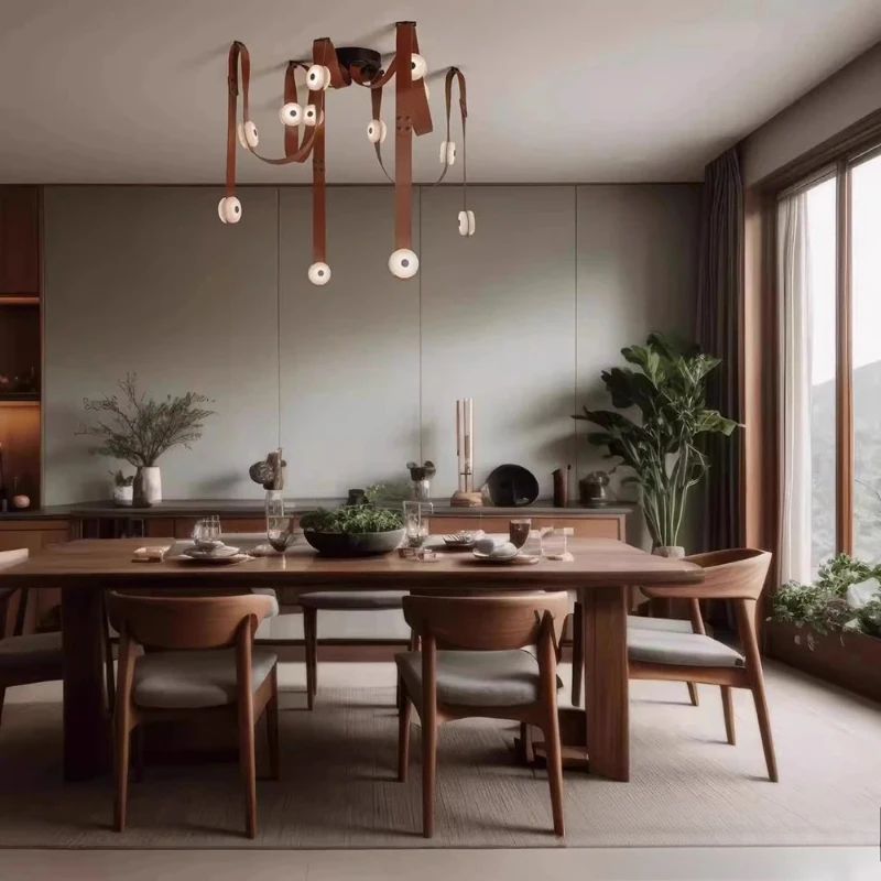 Brown Adjustable extile Leather Belt Ceiling Chandelier white leather pendant light Living Room Bedroom Marble Shade Chandelier