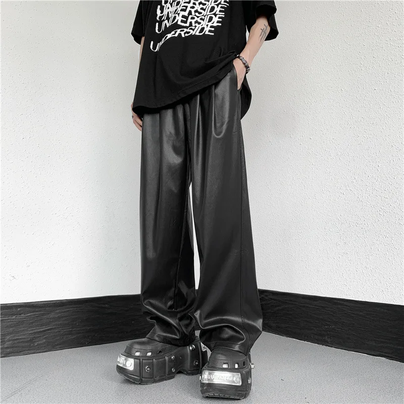 Men\'s Spring and Autumn Straight Pants Simple Elastic Waist Mop Wide Leg Pu Leather Pants