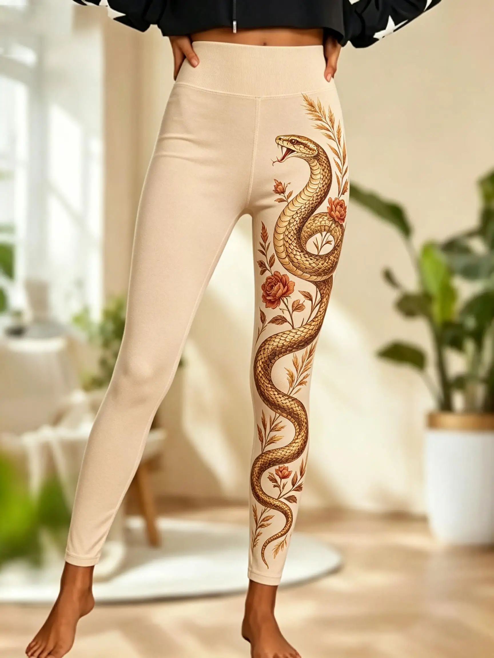 Women Fleece‑lined Mid‑rise Leggings Golden Cobra Snake Red Rose Floral Vine Tattoo Side Print Slim Stretch Winter Casual Pants - view 4