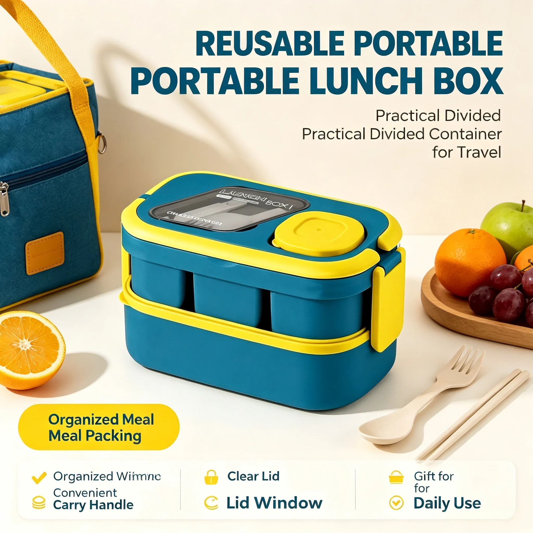 50oz Large Capacity Stackable Lunch Bento Box with Carry Handle, 4 Compartment Food Container, Matching Salad Bowl & Complete Utensils Included, Microwave Safe Meal Box for Daily Use