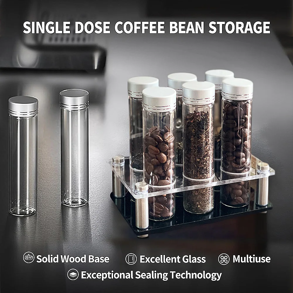 

Airtight Glass Stackable Coffee Storage Tubes with Acrylic Countertop Dispenser Stand - Freshness & Organization for CafeKitchen